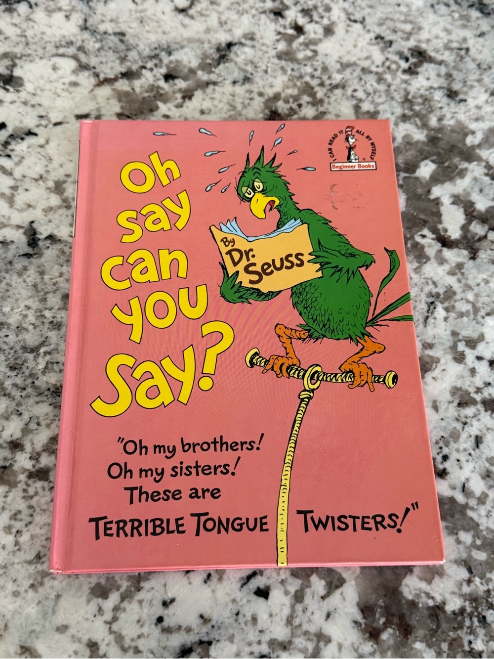 Dr. Seuss Pink Cover Book with Green Parrot and Yellow Title!